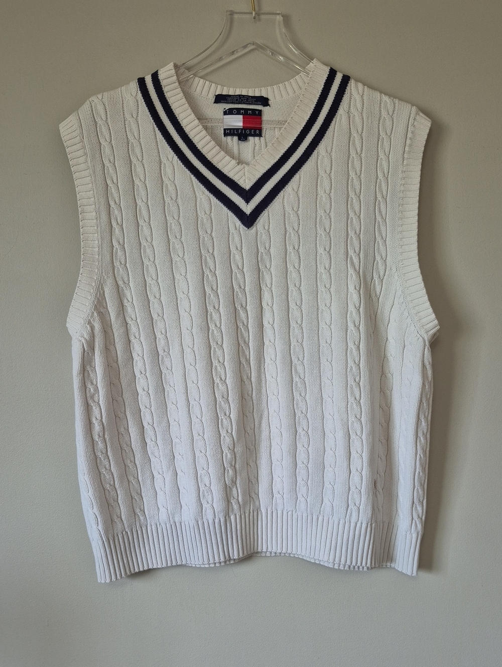 Vintage Tommy Hilfiger Cream Cable Knit V-Neck Sweater Vest Size L Tennis Preppy